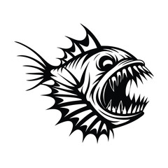 Monochrome Piranha with Sharp Teeth, Fin, Scales, and a Fierce Expression in Black and White
