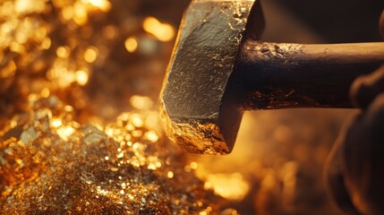 Goldsmith hammering gold ingots.