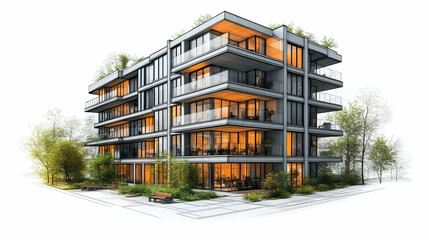 Modern apartment building with illuminated interiors surrounded by greenery and shown in architectural sketch style