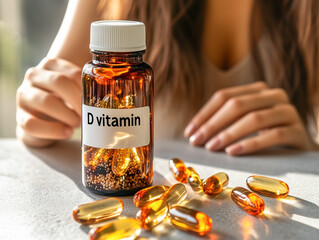 Womens health. A bottle with D vitamin on the table. In the blur there is a woman in the background. Around it are transparent capsules with golden liquid of oil. Dietary supplements. 