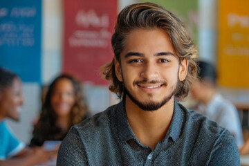 Portrait of Young Professional Man Smiling with Inclusive Team Behind