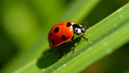 Fototapeta premium Ladybug On Green Blade Of Grass