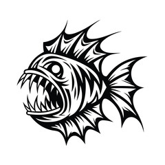 Stylized Anglerfish with Sharp Teeth, Black and White Marine Life