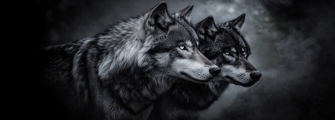 Wolves stand together in a misty forest during twilight highlighting their strong features and unity