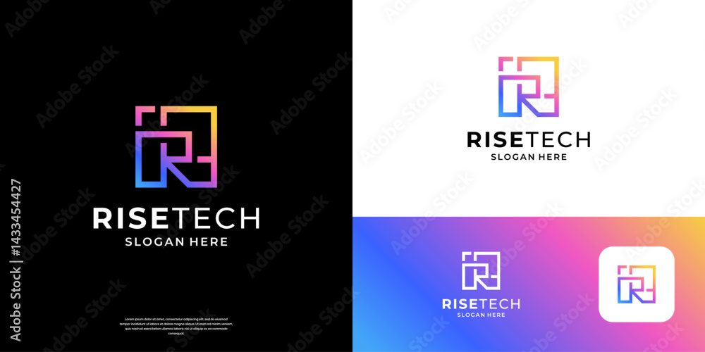 Poster letter r logo design template. abstract initial r with tech symbol logos.