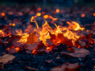 Burning autumn leaves with orange flames and smoke creating a warm vibrant light in the dark