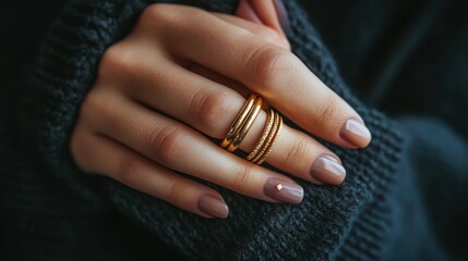 Woman's hand with gold rings and mauve nails on a dark knit sweater.