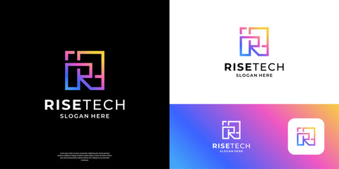 Letter R logo design template. Abstract initial R with tech symbol logos.