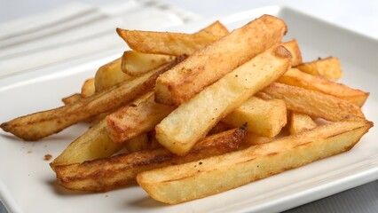 Crispy Golden Potato sticks French Fries Ready for Eating. Enjoy this close up of perfectly cooked golden brown French fries, a classic and delicious side dish or satisfying snack.