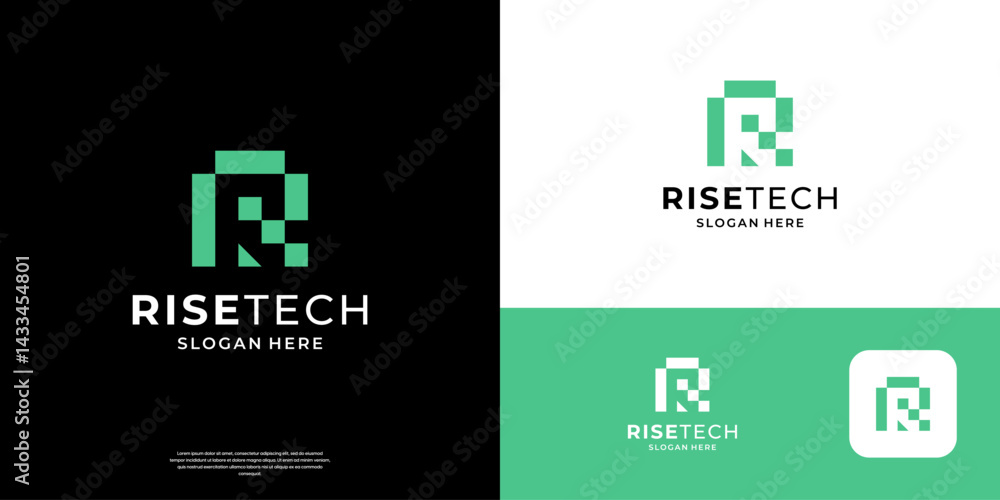 Poster letter r logo design template. abstract initial r with tech symbol logos.