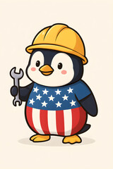 Cute Penguin in USA Flag Outfit with Yellow Helmet for Labour Day,Generative ai
