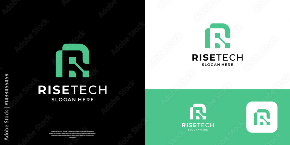 Poster letter r logo design template. abstract initial r with tech symbol logos.