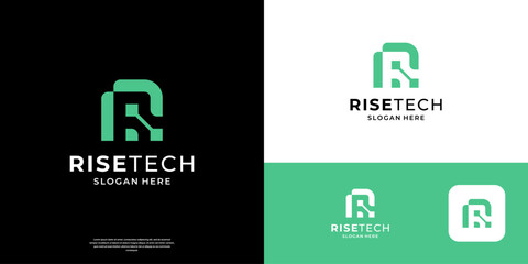Letter R logo design template. Abstract initial R with tech symbol logos.