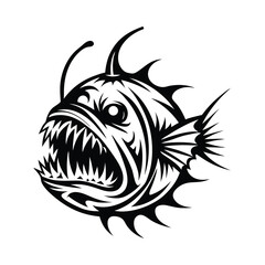 Black and White Anglerfish with Sharp Teeth & Bioluminescent Lure