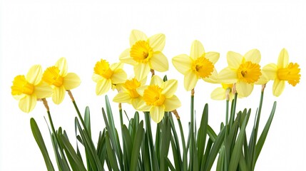 Vibrant Yellow Daffodils in Full Bloom on White Background