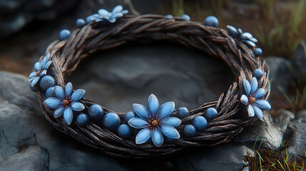 Wreath of interwoven branches adorned with blue blooms and berries set on stones