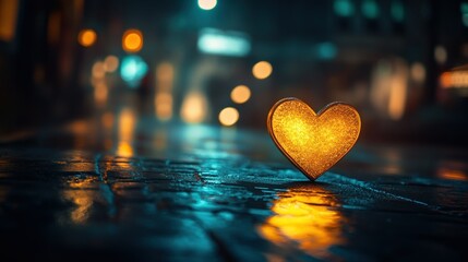 A golden glowing heart rests on wet pavement at night