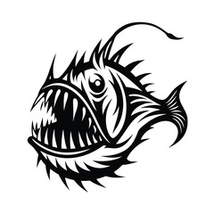 Black & White Anglerfish with Sharp Teeth and Bioluminescent Lure