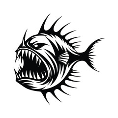 Stylized Black & White Anglerfish With Spikes and Sharp Teeth Design