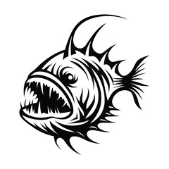 Anglerfish Black and White, Open Mouth, Sharp Teeth, Deep Sea Creature