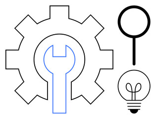 Gear with wrench for tools and repair, magnifying glass for exploration, light bulb for ideas. Ideal for innovation, problem-solving, technology, creativity, research analysis productivity. Flat
