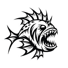 Black Silhouette of Fierce Anglerfish with Sharp Teeth and Spikes on a White Backdrop