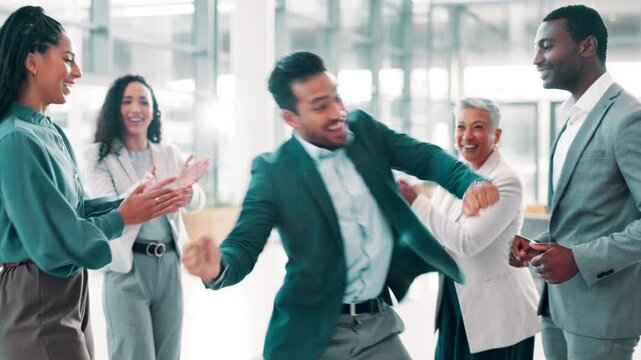 Business people, dance and celebration with office, teamwork and support for success. Partnership, excited and connection expo with employees for fun, pride and achievement at seminar conference