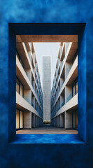 Fototapeta premium Modern building framed by a blue structure showcasing architectural symmetry and a tall skyscraper in the distance