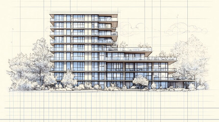 Obraz premium Modern multi-story building design sketch nestled amongst trees Balconies large windows are prominent features