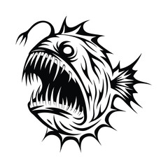 Anglerfish Predatory DeepSea Fish with Sharp Teeth & Lure, Black & White