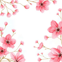 Watercolor painting of pink cherry blossoms and buds framing a white background in the corners of the image created with generated ai