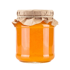 A glass jar of homemade orange marmalade jam with a brown paper lid and twine tied around it, Jam jar mockup isolated on white background.