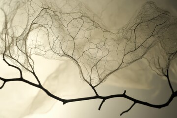 Delicate, translucent leaf veins on a light tan branch.