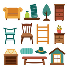 Set of wooden furniture icons