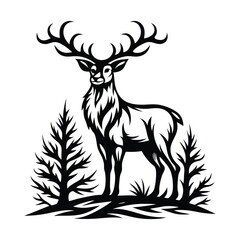 Silhouette Stag Portrait Amongst Pine Trees | Antlers Deer Animal Wildlife Black White