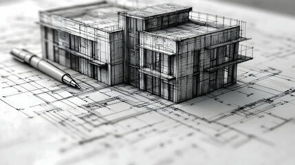Architectural sketch of a modern house rests on blueprints a pen nearby