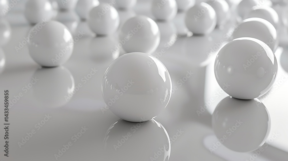 Poster abstract minimalist background with multiple glossy white spheres arranged on a reflective white sur