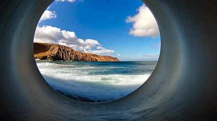 Spectacular coastal view through a tunnel structure showcasing ocean waves cliffs and vibrant blue sky with fluffy clouds. Dynamic perspective. Artistic composition