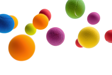 Colorful balls floating against a white background create a playful and vibrant atmosphere in a creative setting