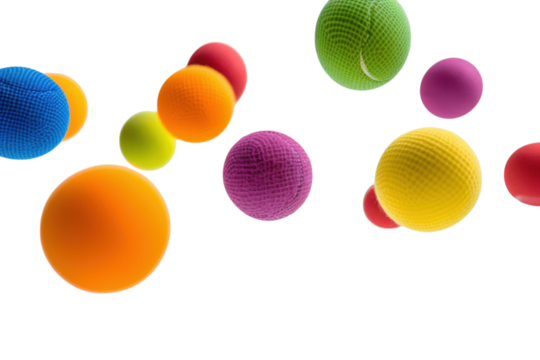 Colorful balls floating against a white background create a playful and vibrant atmosphere in a creative setting