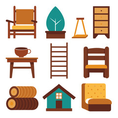 Set of wooden furniture icons