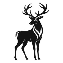 Silhouette Deer, Black and White Reindeer, Antlers Animal Illustration, Isolated Stag