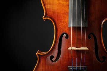 Close-up view of a classical violin's wooden body.