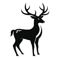 Deer Silhouette With Large Antlers Isolated On White Background, Animal Wildlife Design