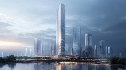 Naklejka premium Modern skyscraper city skyline sunrise
