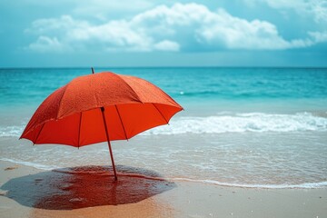 Orange umbrella stands alone on sandy beach by clear blue ocean Generative AI