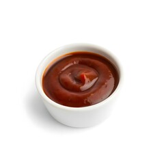 "Low-Angle Fine Art Photograph of White Ceramic Bowl Filled with Rich, Glossy BBQ Sauce on White Background"

