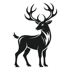 Silhouette of a Deer with Antlers, Wildlife Animal Standing Isolated on White