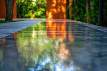 Reflective walkway surface showcasing a garden's vibrant colors and textures.