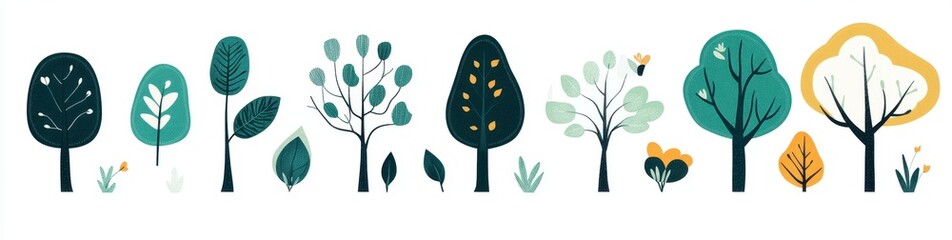 Vector illustrations showcasing diverse types of trees in flat design style with green tones